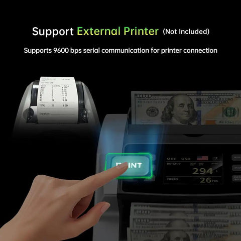 Hand pressing print on Mixed Denomination Money Counter With Bank Grade CIS UV MG IR Counterfeit Detector Touch Screen Printer Compatible Fast Cash Count Without Sorting Accurate Note Count And Total Value For Your Biz next to printer