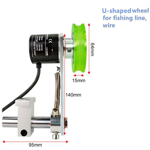 No Hassle Digital Length Meter Counter With Rock Solid U Shaped Measuring Wheel for fishing line, wire, showing dimensions and details.