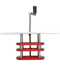 Heavy Duty Router Table Manual Lift System With Precision Cast Aluminum Base Plate And Rust Proof Stainless Steel Insert, red and silver, top angle view.