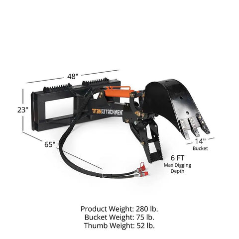 Skid Steer Fronthoe Attachment With 14 Inch Bucket And Bolt On Backhoe Thumb For Universal Quick Attach, shown with dimensions.