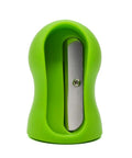 Green handheld vegetable peeler with stainless steel blade; ergonomic non-slip grip.
