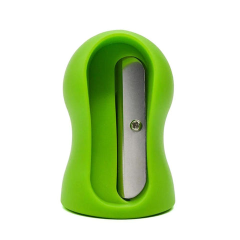 Green handheld vegetable peeler with stainless steel blade; ergonomic non-slip grip.