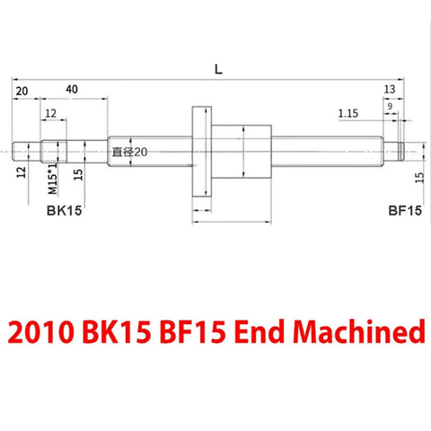 Technical drawing of Right Hand SFU2010 Ball Screw 20mm Diameter 10mm Lead C7 Rolled With End Machined for 500mm CNC Rails
