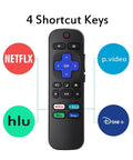 Two Pack Universal Remote For Roku Smart TVs Works With Hisense Onn TCL Sharp Element Philips JVC RCA Insignia Sanyo LG RokuSeries Not For Roku Stick Or Box Easy Setup No Fuss All In One Replacement Remotes showing 4 shortcut keys for streaming services