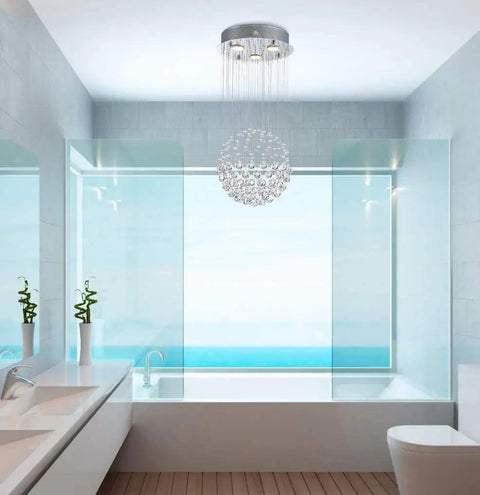Dope Modern Crystal Raindrop Chandelier Ceiling Light Flush Mount With Round Glass Drops in a bathroom, 12.6 in W 25.6 in H