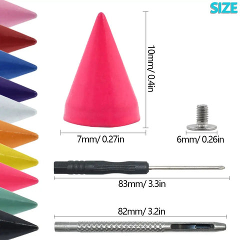Badass Colorful Cone Spikes and Punk Metal Screwback Rivets Bullet Studs for Leather Craft Clothing Shoes Belts Bags and Pet Collars DIY Kit with Punch Tool 230 Pieces 7X10MM close-up of pink cone spike and size details.