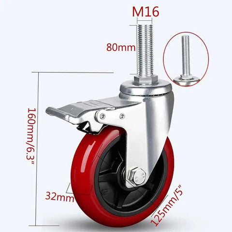 Heavy Duty Dual Locking Swivel Caster Wheels With M16 Threaded Stem Built Tough As Nails PU 80mm wheel with 160mm height.
