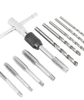 Pro Grade T Handle Tap Wrench Kit With 5 Tap Sizes M3 M4 M5 M6 M8 And 5 Twist Drill Bits For DIY Threading Easy One Hand Operation And Durable Bearing Steel Tapping Tool Set showing components
