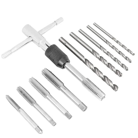 Pro Grade T Handle Tap Wrench Kit With 5 Tap Sizes M3 M4 M5 M6 M8 And 5 Twist Drill Bits For DIY Threading Easy One Hand Operation And Durable Bearing Steel Tapping Tool Set showing components