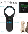 All In One Pet Microchip Scanner With 1.44 Inch TFT Screen, 500 Data Storage, 800mAh Rechargeable Battery, And No Fuss 3 In 1 Connection Options showing screen and buttons with pets