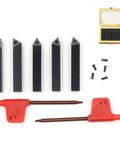 Five Sixteenth Inch Mini Lathe Indexable Carbide Turning Tool Holder Kit With TCMT090204 Inserts shown with holders and case