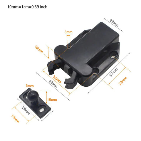 Dimensions of Non Magnetic Door Push Latch for Single Doors in black with adjustable spring clip, durable metal fit for furniture