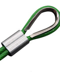 Close-up of Must Have All In One M6 Wire Rope Hardware Kit with 304 stainless steel thimble and green aluminum crimp sleeve.