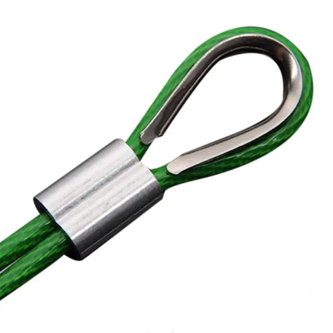 Close-up of Must Have All In One M6 Wire Rope Hardware Kit with 304 stainless steel thimble and green aluminum crimp sleeve.