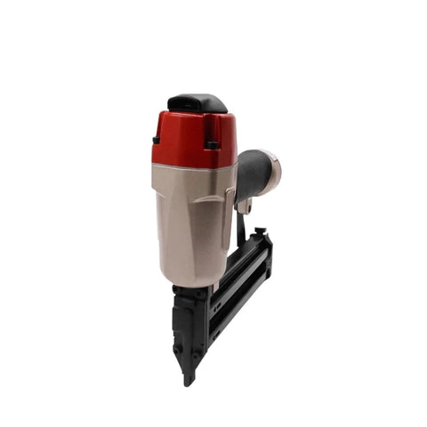 18 Gauge Pneumatic Upholstery Stapler F50 Air Powered Nail Gun in red and gray, designed for fast furniture and carpentry projects.