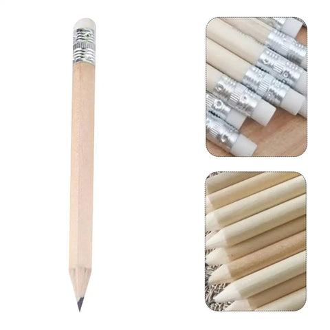 Front and close-up view of 60 Pcs Mini Wooden Pencils With HB Graphite And White Erasers, Short Writing Pencils for School.