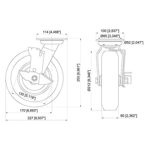 8 Inch Heavy Duty Swivel Caster Wheel Built Tough With Non Marking Polyurethane Tread Dual Locking Brakes Double Ball Bearing dimensions diagram.