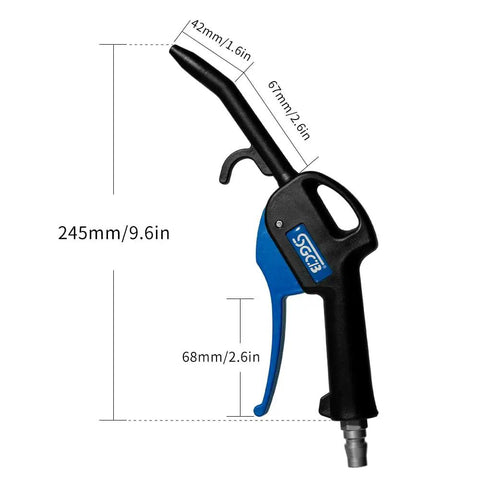 Angled Quiet Blow Gun With One Quarter Inch NPT, Twelve Inch Long Reach, Scratch Free ABS Nozzle For Engine Bay And Interior Cleaning diagram.