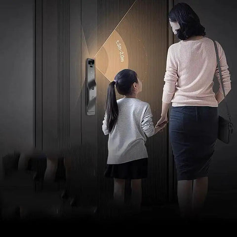 Slick Smart Door Lock Featuring Built In Camera Voice Intercom And Fast Fingerprint Scan Password Entry Along With Hella Secure Auto Deadbolt Delivering Darn Top Shelf Protection Always on entrance door with mother and daughter.