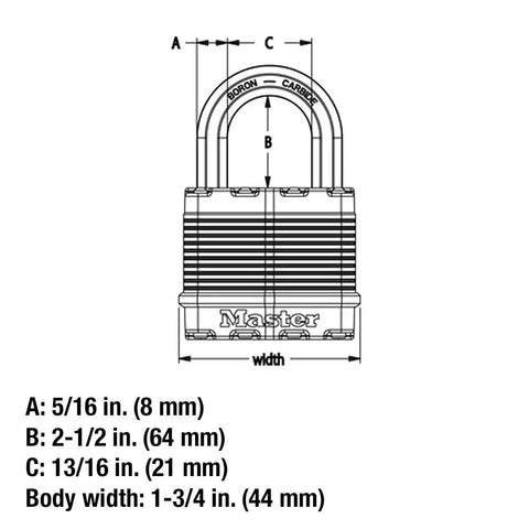 Technical drawing of Magnum Heavy Duty Padlock With Key Two Pack Keyed Alike For Outdoor Use Lock Up Fences Sheds And Storage Units
