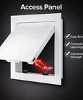 Straight Up Heavy Duty Metal Access Panel For Drywall Plumbing Repair Wall Cover Plate Push To Open Inspection Hatch No Sweat Home Reno Upgrade White 12X22 In. showing push mechanism and opening design