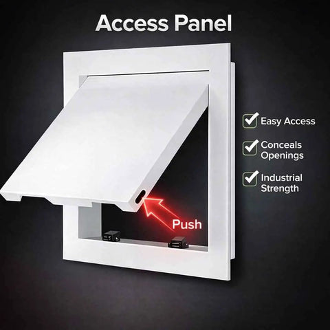 Straight Up Heavy Duty Metal Access Panel For Drywall Plumbing Repair Wall Cover Plate Push To Open Inspection Hatch No Sweat Home Reno Upgrade White 12X22 In. showing push mechanism and opening design