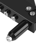 Manual Lightweight Riveter Kit Go To With Four Interchangeable Heads 2.4mm 3.2mm 4.0mm 4.8mm Heavy Duty Hand Riveting Tool With Spring Handle And Long Nozzle For Tight Spaces Like Gutters And Inner Wall Cavities. Black metal riveter head with interchangeable nozzle tips