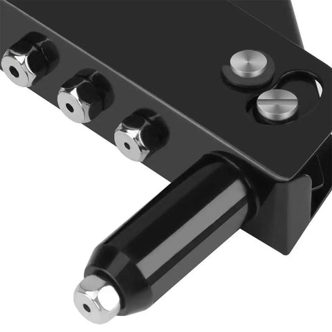 Manual Lightweight Riveter Kit Go To With Four Interchangeable Heads 2.4mm 3.2mm 4.0mm 4.8mm Heavy Duty Hand Riveting Tool With Spring Handle And Long Nozzle For Tight Spaces Like Gutters And Inner Wall Cavities. Black metal riveter head with interchangeable nozzle tips