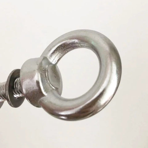 Close-up of Heavy Duty Stainless Steel Eye Bolt Set, M8 Shoulder Eyebolt, Five Sixteenth Inch By Three Point One Five Inch, Two Pack With Nuts And Washer