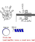Technical diagram of the 8mm T8 lead screw with 1mm pitch and brass nut for 3D printers