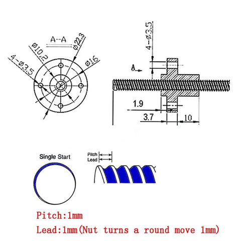 Technical diagram of the 8mm T8 lead screw with 1mm pitch and brass nut for 3D printers
