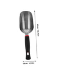 Ergonomic Metal Garden Shovel And Ice Scoop with measurements, showing sleek design and ergonomic grip handle.