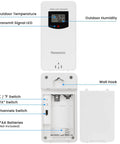 Indoor Outdoor Wireless Remote Sensor For Home Weather Station With Temperature And Humidity Monitor Long Range Up To 200 Feet Three Channels Perfect For Kitchen Or Wine Cellar Compatible With Q3 Q5 And Q6 Models - shows front and inside view with battery compartment and switches.