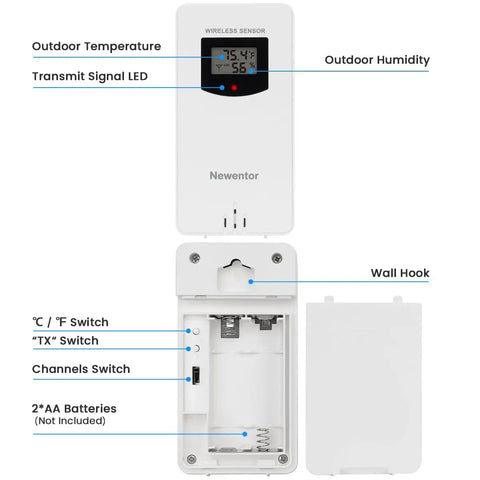Indoor Outdoor Wireless Remote Sensor For Home Weather Station With Temperature And Humidity Monitor Long Range Up To 200 Feet Three Channels Perfect For Kitchen Or Wine Cellar Compatible With Q3 Q5 And Q6 Models - shows front and inside view with battery compartment and switches.