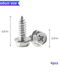 Tough As Nails Anti Theft License Plate Screw Kit With Premium Stainless Steel Rust Proof Security Bolt Fasteners Universal Car Auto Tag Mounting Hardware For Any Ride Silver Set, close-up of screws showing size 0.87in and 0.47in.