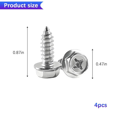 Tough As Nails Anti Theft License Plate Screw Kit With Premium Stainless Steel Rust Proof Security Bolt Fasteners Universal Car Auto Tag Mounting Hardware For Any Ride Silver Set, close-up of screws showing size 0.87in and 0.47in.
