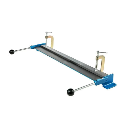Pro Grade Portable Metal Bending Brake Roller For Sheet Steel And Aluminum Plates Adjustable Heat Control With Dual Locking C Clamps shown from the side with clamps.