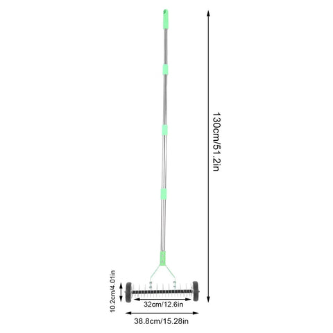 Beefy Heavy Duty Lawn Thatching Rake With Roller Design showing measurements and ergonomic handle for yard work