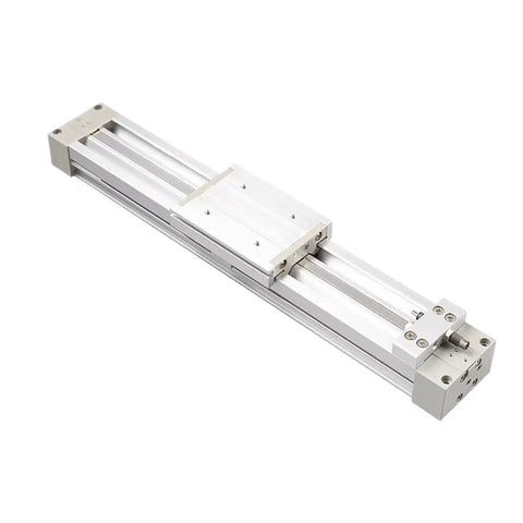 Workhorse Mechanical Joint Rodless Cylinder Featuring Heavy Duty Pneumatic Actuator With Integrated Shock Absorbers For Seamless Automation And Rugged Daily Grind Operational Tasks, metal cylinder with linear guide.