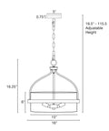 Diagram of Modern Farmhouse 3 Light Pendant Chandelier With Glass Drum Shade, 16 Inch Ceiling Light, adjustable height dimensions