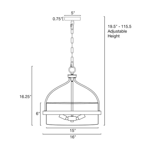 Diagram of Modern Farmhouse 3 Light Pendant Chandelier With Glass Drum Shade, 16 Inch Ceiling Light, adjustable height dimensions