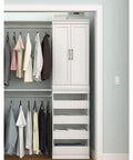 Pair Of Wood Closet Organizer Doors In Taupe Shaker Style With Satin Nickel Handles Add On For Modular Storage Shelf Units Concealed Storage Solution Today in modern closet setting