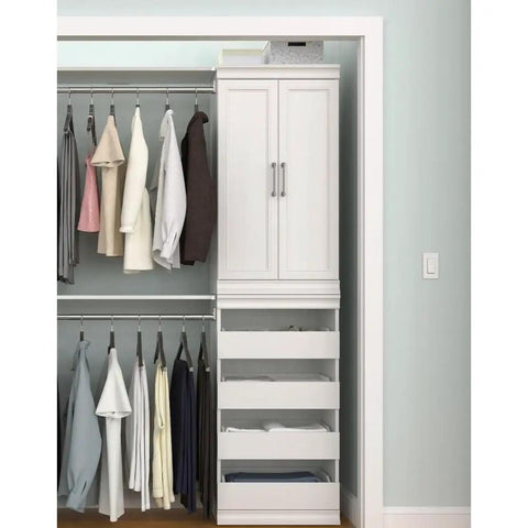 Pair Of Wood Closet Organizer Doors In Taupe Shaker Style With Satin Nickel Handles Add On For Modular Storage Shelf Units Concealed Storage Solution Today in modern closet setting