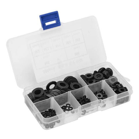 Versatile 350 Piece Rubber Washer Kit With M2 M2.5 M3 M4 M5 M6 M8 Sizes Black For Home Auto Plumbing DIY Use Cuts Friction Prevents Leaks Seals Gaskets And Spacers For All Your Quick Fix Projects. black rubber washer kit in compartment box