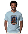 Cool Vintage Blueprint Gear Tee For Real Car Guys And Engineers Looking Awesome With Distressed Tech Art Design As A Sweet Gift Idea, worn by smiling man.