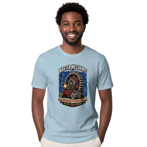 Cool Vintage Blueprint Gear Tee For Real Car Guys And Engineers Looking Awesome With Distressed Tech Art Design As A Sweet Gift Idea, worn by smiling man.