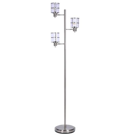 Modern Three Light Floor Lamp With Adjustable Ribbed Glass Shades And Reading Light, 68 Inches Tall, Cool Brushed Nickel Finish