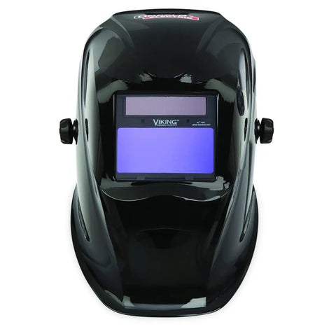 Premium Auto Darkening Welding Helmet With True Color Lens For Crushing Beads And Boss Level Comfort Designed For Tradesmen Grinding Steel Daily At The Yard - black helmet with UV lens view.