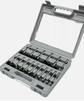 Pro Stock 16 Piece Forstner Drill Bit Set For Carpentry Projects features neatly arranged bits in a gray carrying case.