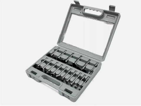 Pro Stock 16 Piece Forstner Drill Bit Set For Carpentry Projects features neatly arranged bits in a gray carrying case.